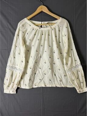 LOFT Embroidered Floral Lace Sleeve Peasant Blouse White Black Beige Boho Top Si